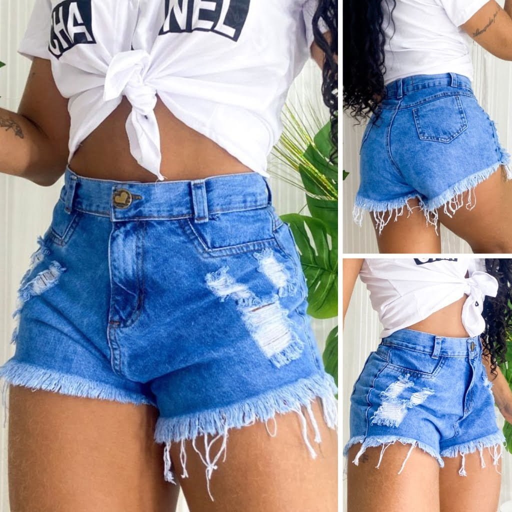 hort Jeans Bermuda Feminino Luxo Cintura Alta Destroyed Hot Pants Modela Bumbum Blogueira Barra Desfiada Promoção