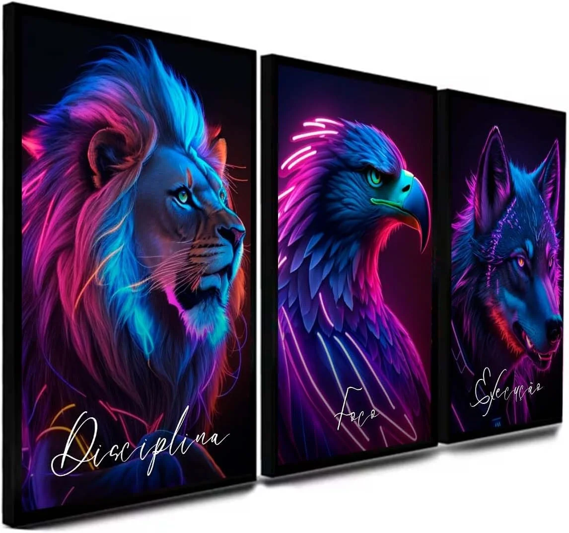 Kit 3 Quadro Decorativo Disciplina Execução Foco Leão Lobo Águia