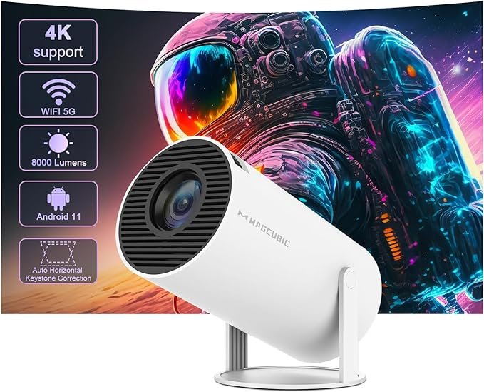 Mini Projetor Portatil 5G Wifi 6 BT 5.0 Android 11, Projetor 4K 1080P Full HD Suporte 8000 Lumens, Projetor Led Auto de Correcção Trapezóide Horizontal, 180°Girável Projector para Telefónico