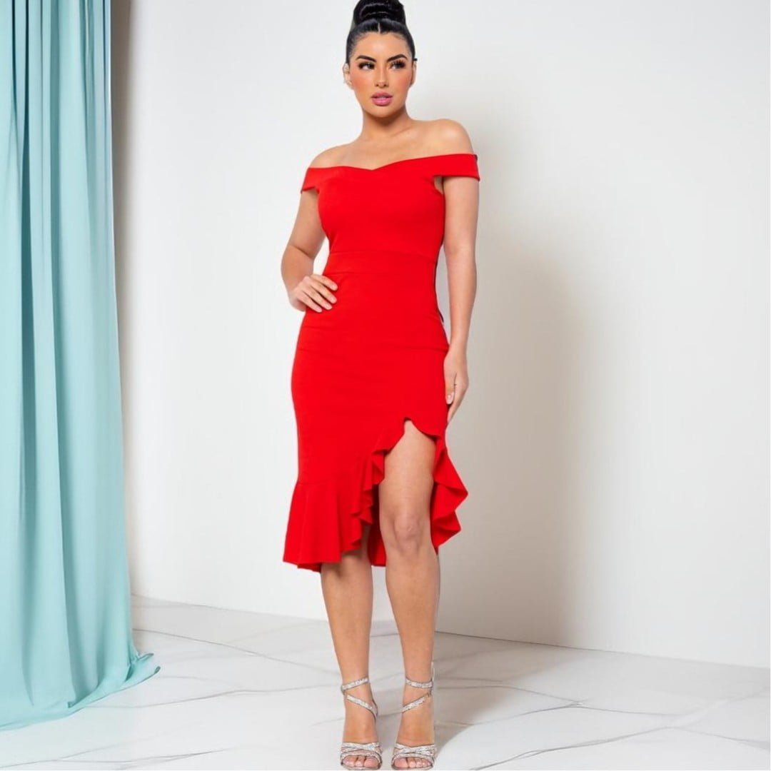 Vestido de Festa Midi com Fenda Babado Blogueira Lindo