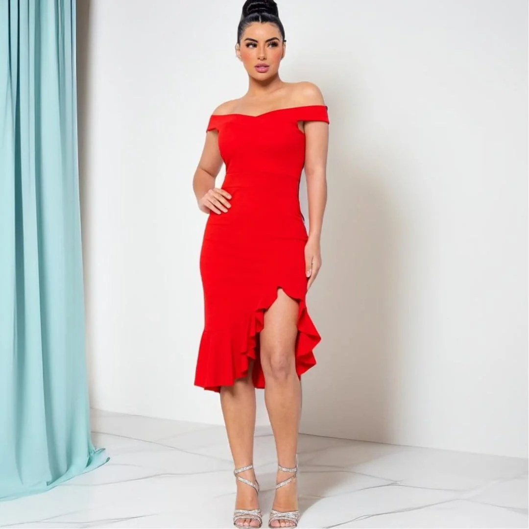 Vestido de Festa Midi com Fenda Babado Blogueira Lindo