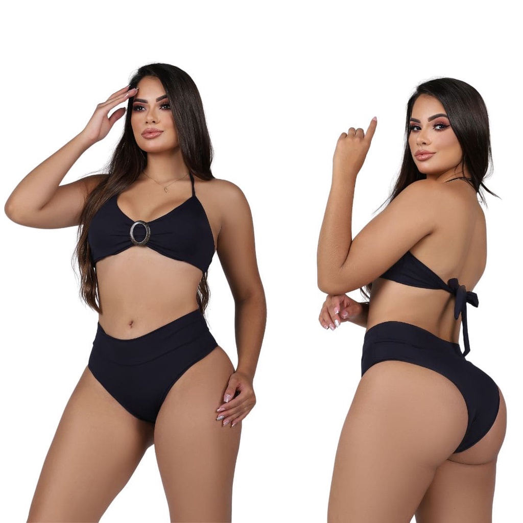 Conjunto Biquíni Moda Praia com Acrílico Moda Blogueira Feminino Verão Preto