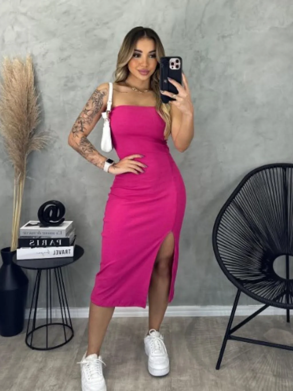 Vestido Fenda Midi Tomara que Caia