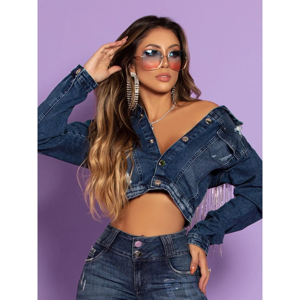 Jaqueta Feminina Jeans Pit Bull Jeans Franjas Brilho Estilo Country Poderosa