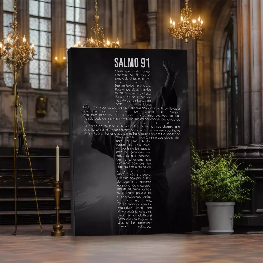 Quadro Decorativo 1 Tela: Salmo 91 - Versículo em Formato de Cruz - Fortalecimento e Fé