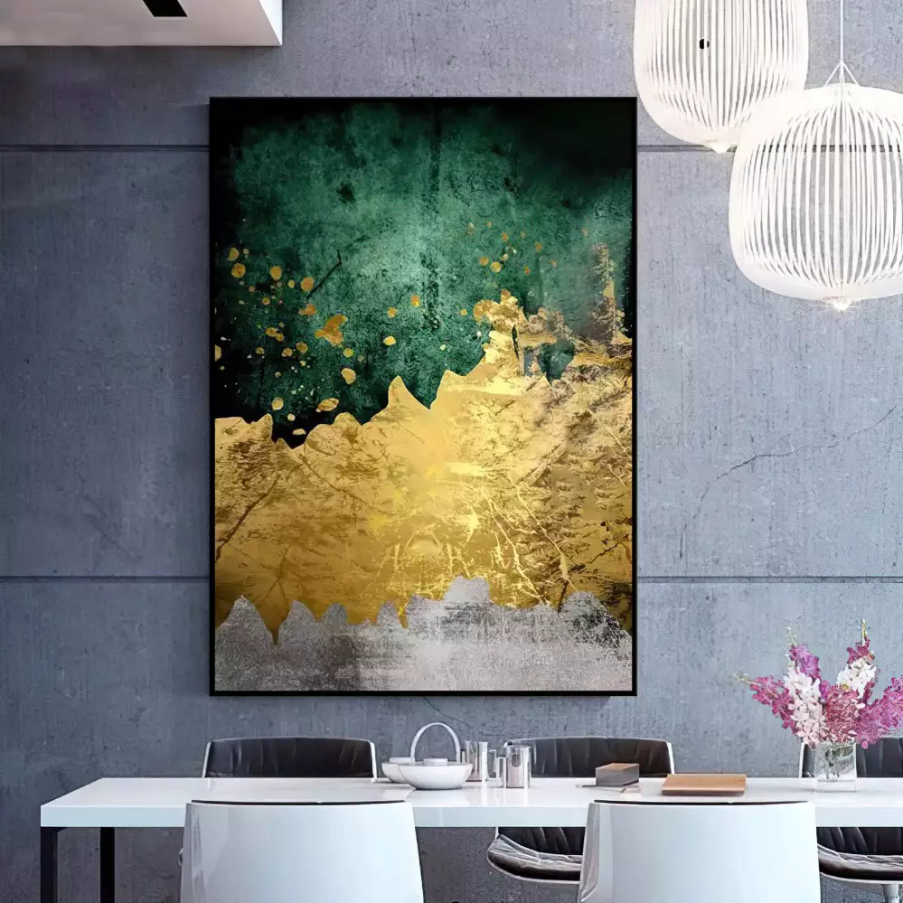 Quadro Decorativo 1 Tela: Abstração em Verde e Dourado, Texturas e Cores Vibrantes