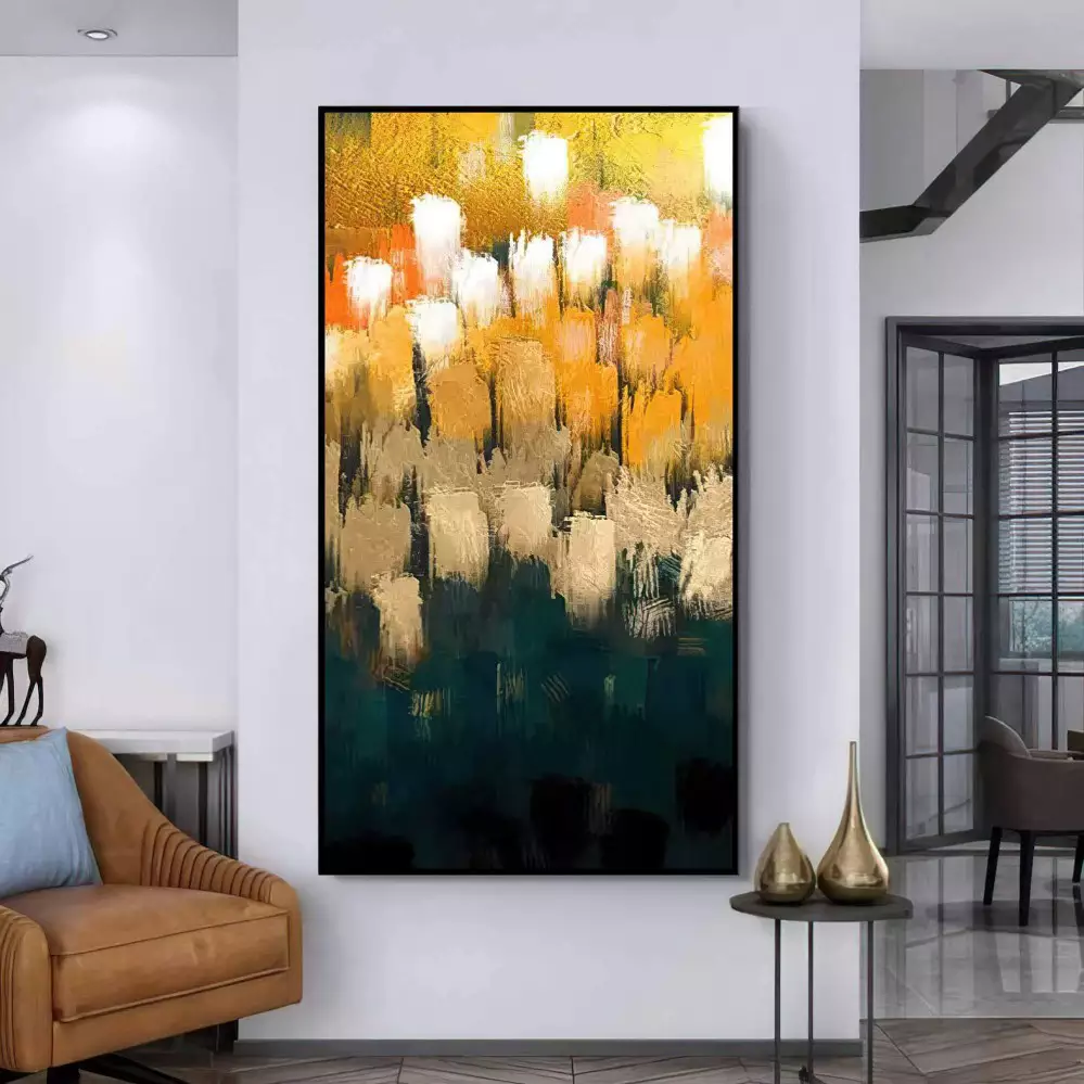 Quadro Decorativo 1 Tela: Abstração Vibrante em Amarelo, Laranja e Preto, Energia e Movimento