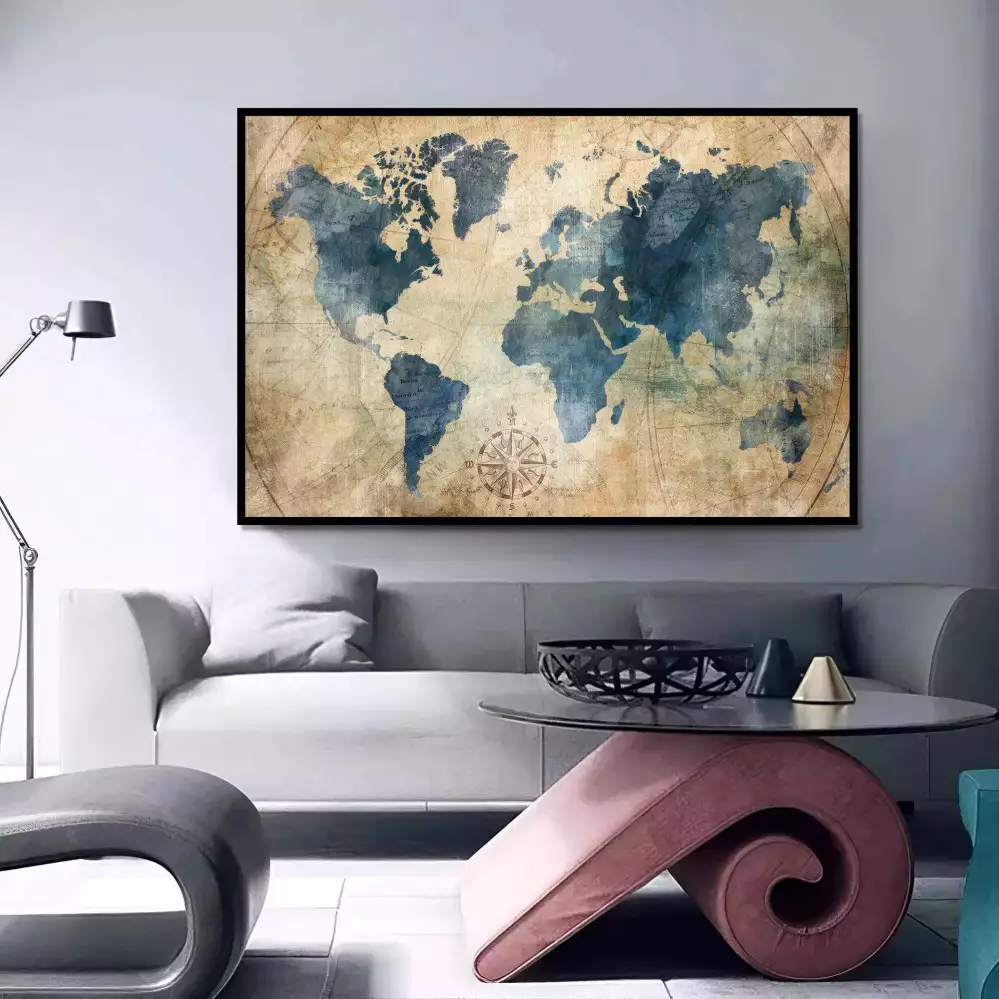 Quadro Decorativo 1 Tela: Mapa Múndi Aquarelado para um Ambiente de Exploração e Aventura