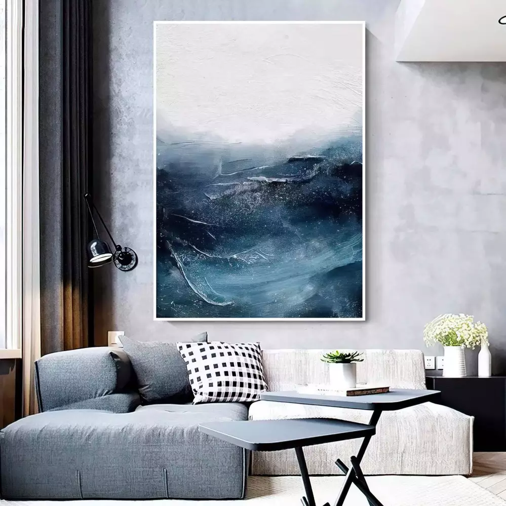Quadro Decorativo 1 Tela: Navegando em Águas Abstratas - Oceano, Montanhas e Barco em Cores
