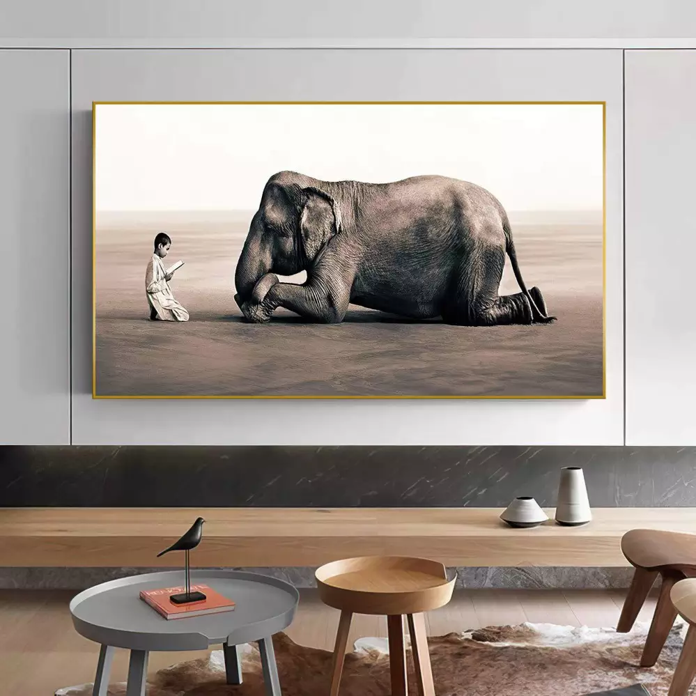 Quadro Decorativo 1 Tela: Momentos de Ternura - Criança e Elefante em Paisagem Serena