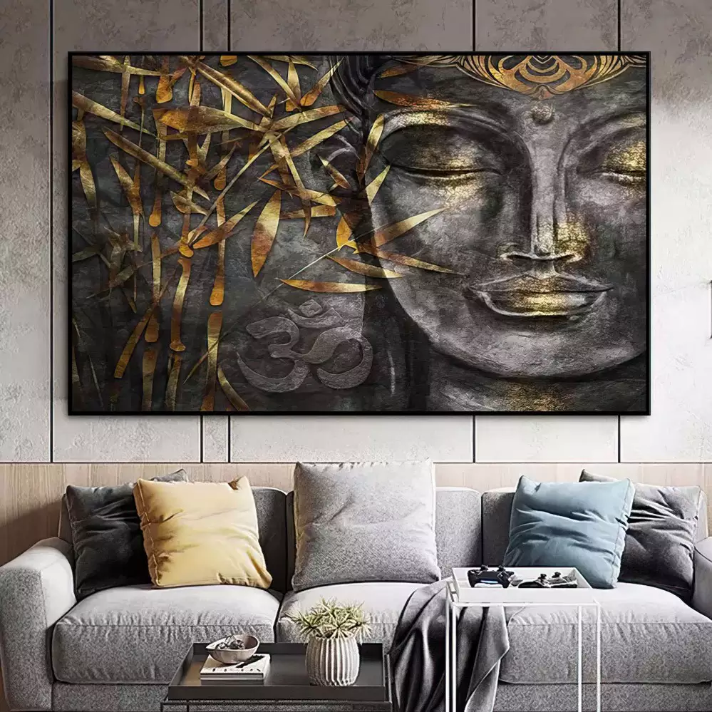 Quadro Decorativo 1 Tela: Serenidade do Buda em Dourado, Inspiração Espiritual e Paz Interior