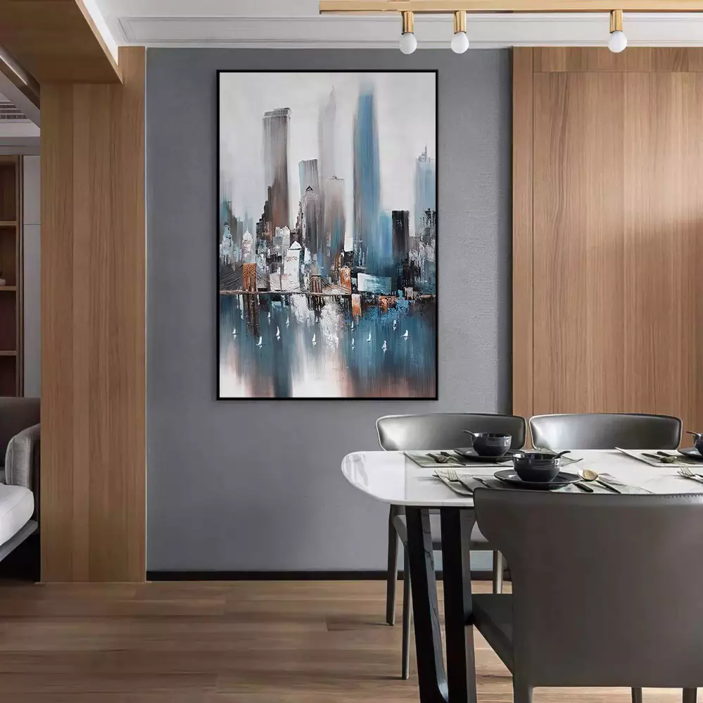 Quadro Decorativo 1 Tela: Cidade Líquida - Fusão Abstrata de Urbanismo e Natureza em Tons Serenos