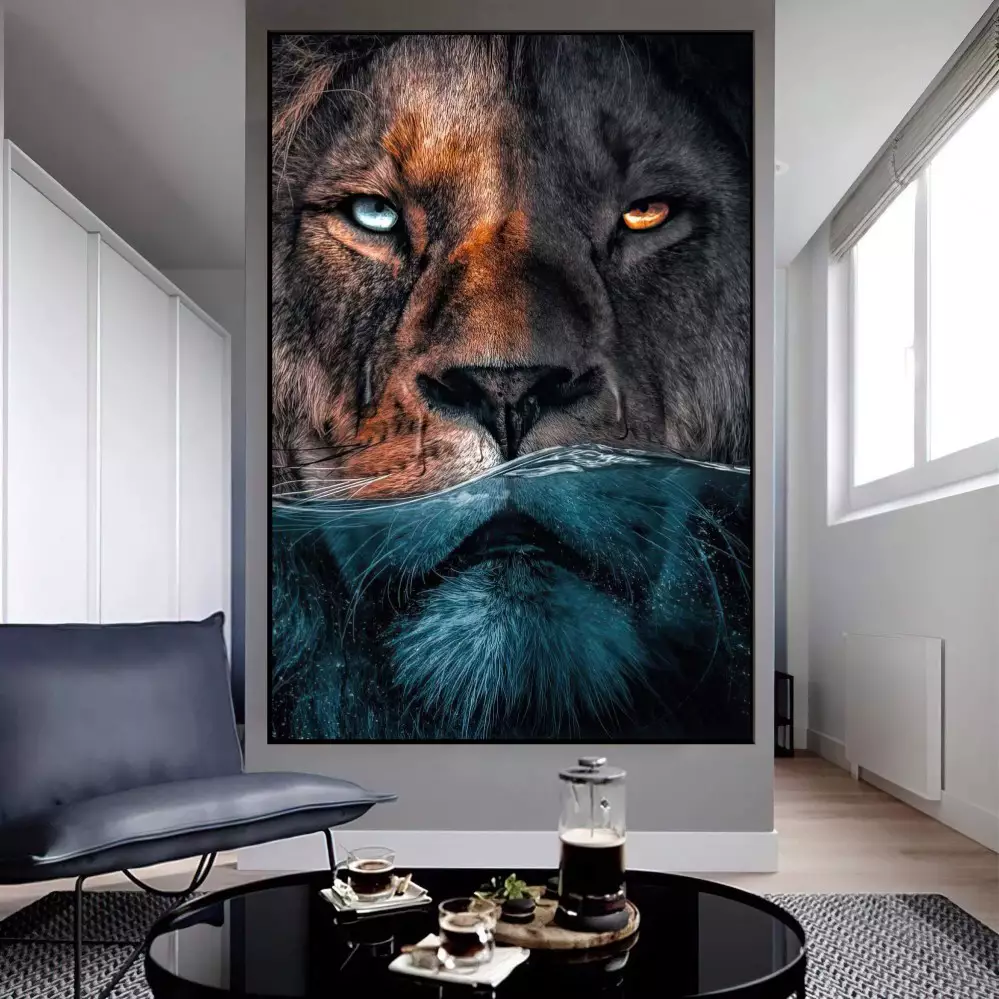 Quadro Decorativo 1 Tela: Leão Submerso - Olhar Intenso e Majestoso na Serenidade das Águas
