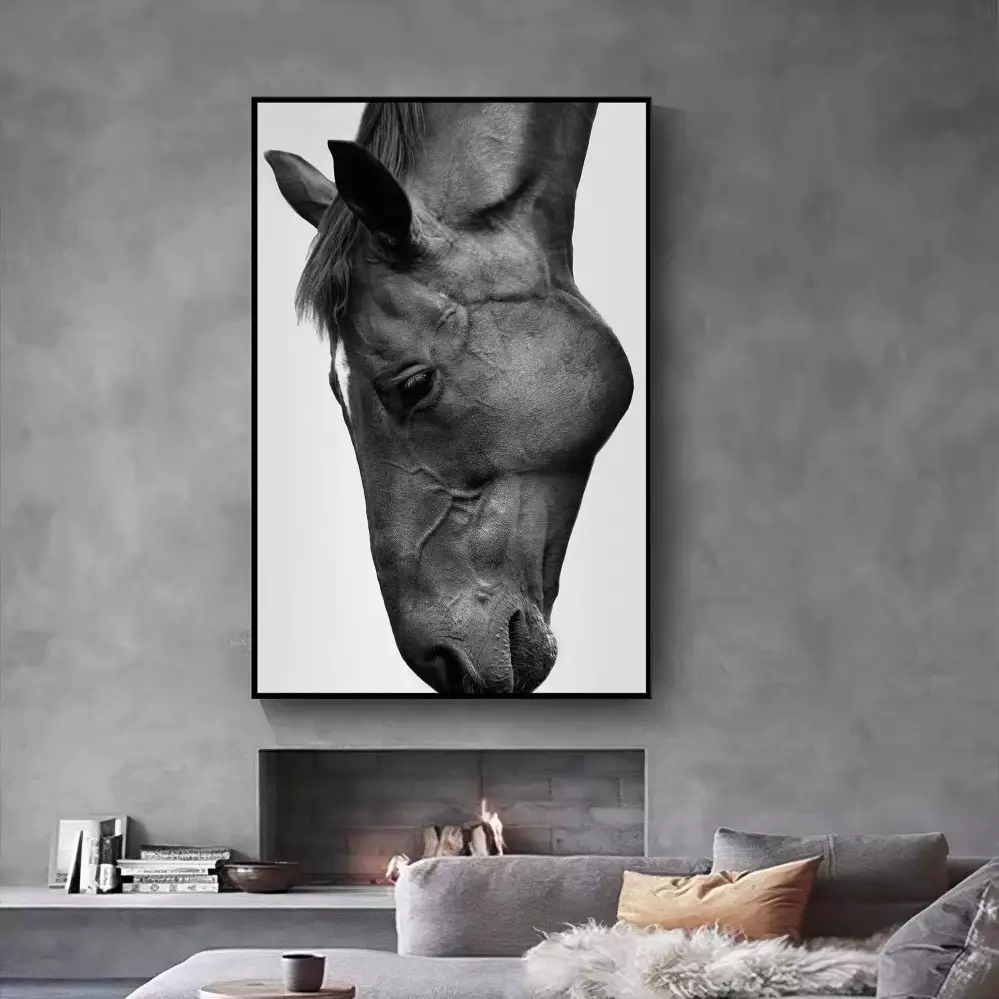 Quadro Decorativo 1 Tela: Retrato Majestoso de Cavalo em Preto e Branco, Força