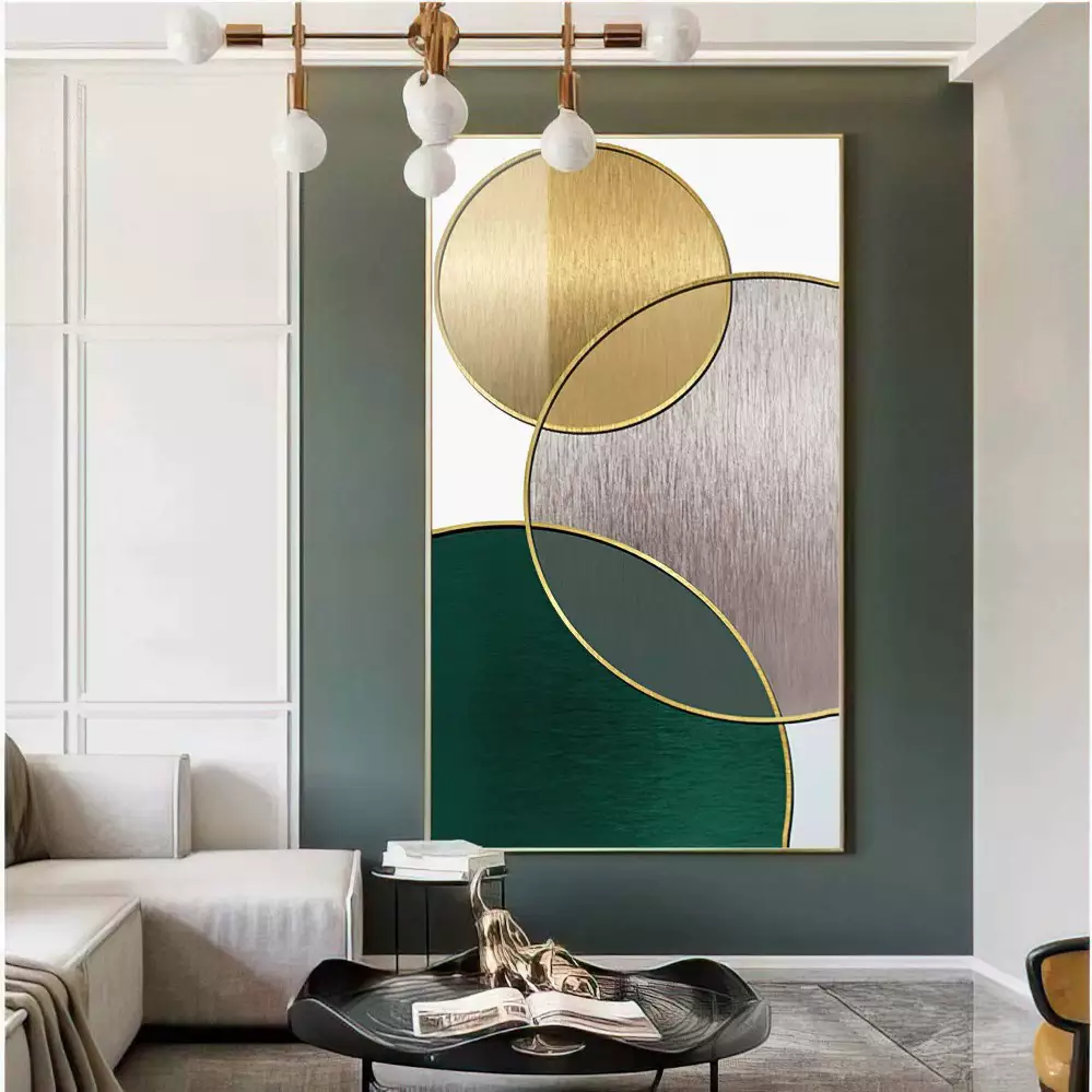 Quadro Decorativo 1 Tela: Círculos Dourados e Prateados - Abstração Luxuosa para seu Espaço