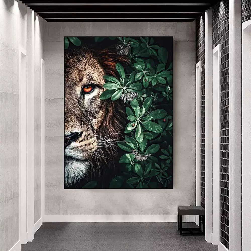 Quadro Decorativo 1 Tela: Retrato Majestoso do Rei da Selva em Seu Habitat Natural, Combinando Força
