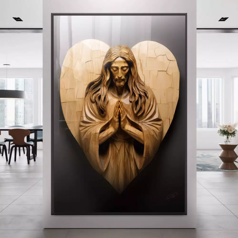 Quadro Decorativo 1 Tela - Escultura em Madeira de Jesus Orando