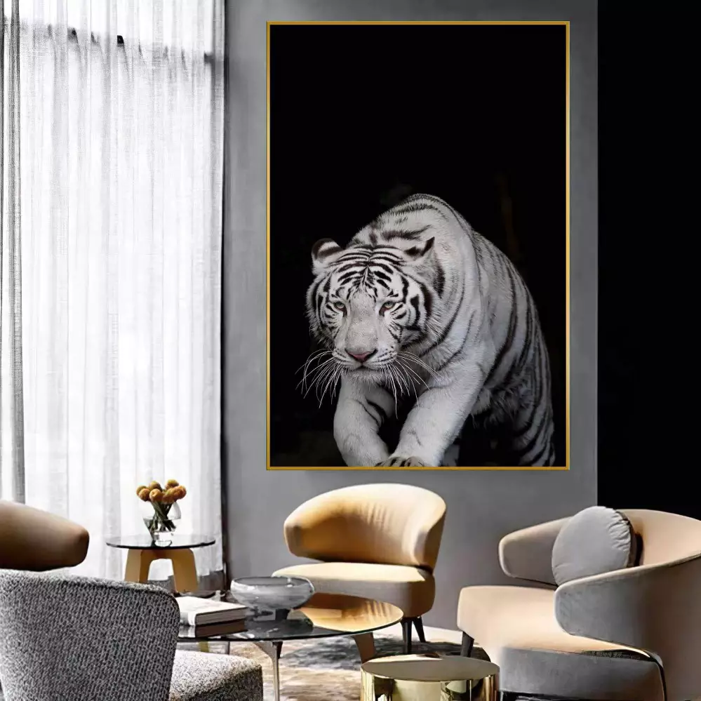 Quadro Decorativo 1 Tela: Majestoso Tigre Branco em Preto e Branco, Beleza Selvagem