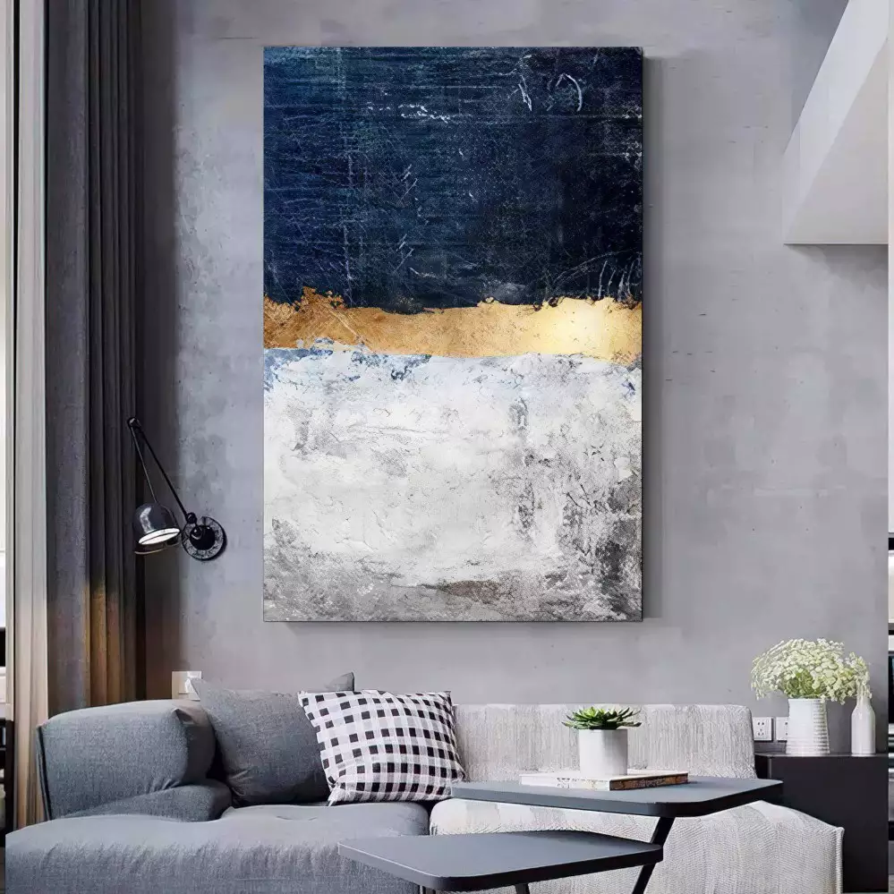 Quadro Decorativo 1 Tela: Abstração em Azul e Dourado - Movimento e Profundidade