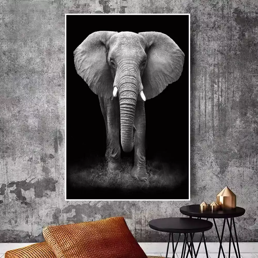 Quadro Decorativo 1 Tela: Majestoso Elefante Africano em Preto e Branco,