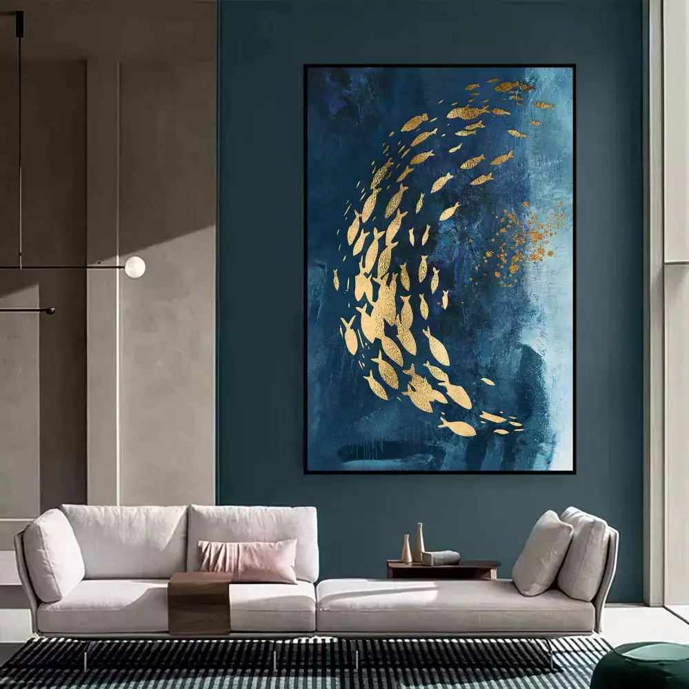 Quadro Decorativo 1 Tela: Dança dos Peixes Dourados - Abstração Aquática em Azul e Ouro