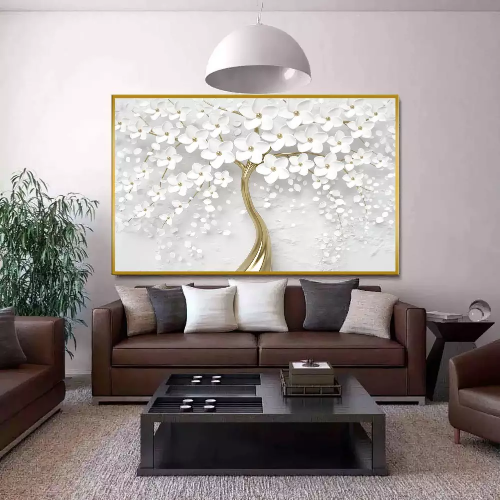 Quadro Decorativo 1 Tela: Árvore Branca e Dourada - Elegância e Serenidade para seu Espaço