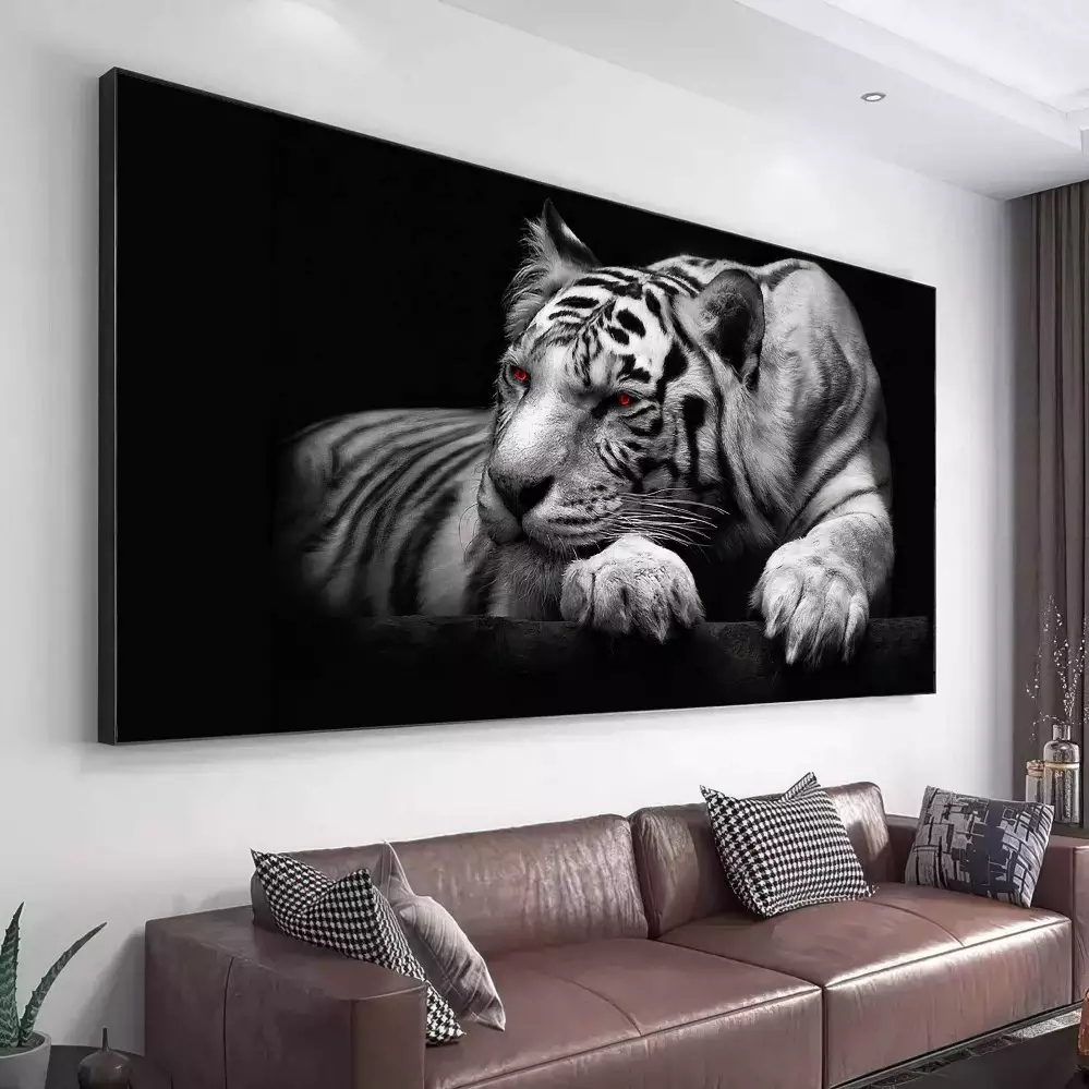 Quadro Decorativo 1 Tela: Olhar Selvagem - Majestosos Grandes Felinos em Preto e Branco
