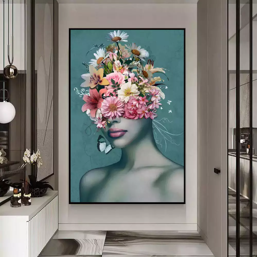 Quadro decorativo 1 tela: Celebre a Beleza Feminina com a Mulher da Coroa de Flores em Vermelho