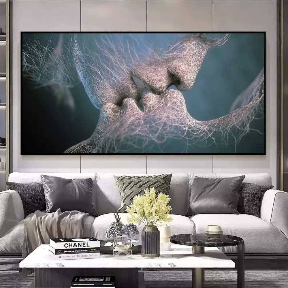 Quadro Decorativo 1 Tela: Beijo Intenso - Retrato de Amor e Intimidade em Vibrante Fundo Azulado