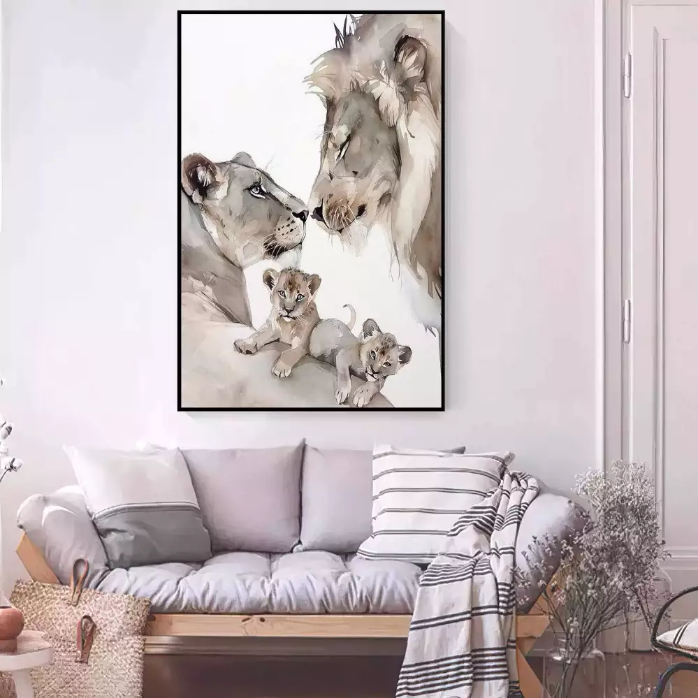 Quadro Decorativo 1 Tela: Leoa e Filhotes em Aquarela - Retrato Afetuoso da Vida Selvagem