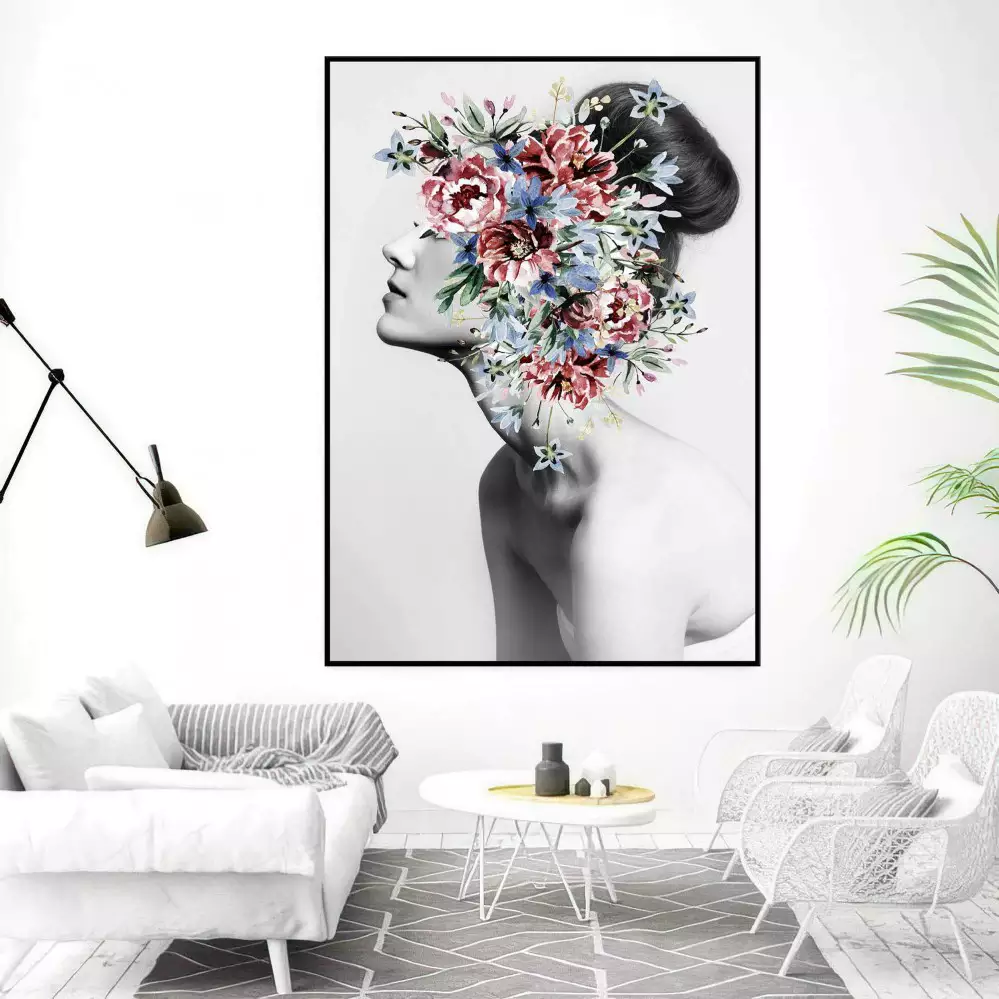 Quadro decorativo 1 tela: Encante-se com a Beleza Feminina e a Delicadeza das Flores em Aquarela