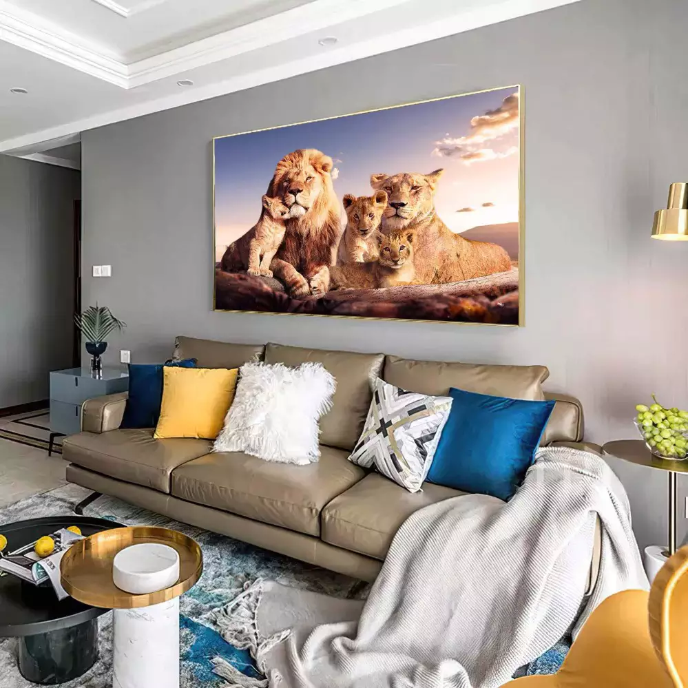 Quadro Decorativo 1 Tela: Família de Leões e 3 filhotes ao Pôr do Sol - Alegria e União na Natureza Selvagem