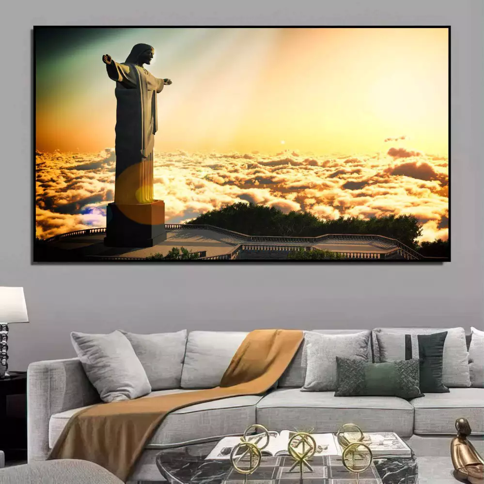 Quadro decorativo 1 tela: Bênção Celestia l- Cristo Redentor ao Pôr do Sol com Toque Urbano