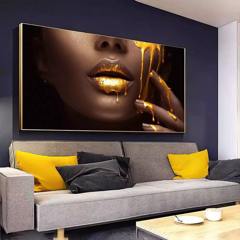 Quadro Decorativo 1 Tela: Retrato Feminino com Lábios Dourados - Arte Contemporânea
