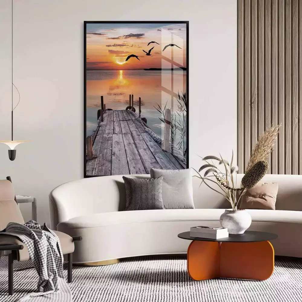Quadro Decorativo 1 Tela: Tranquilidade ao Pôr do Sol - Cais Rústico e Barco em Lago Sereno