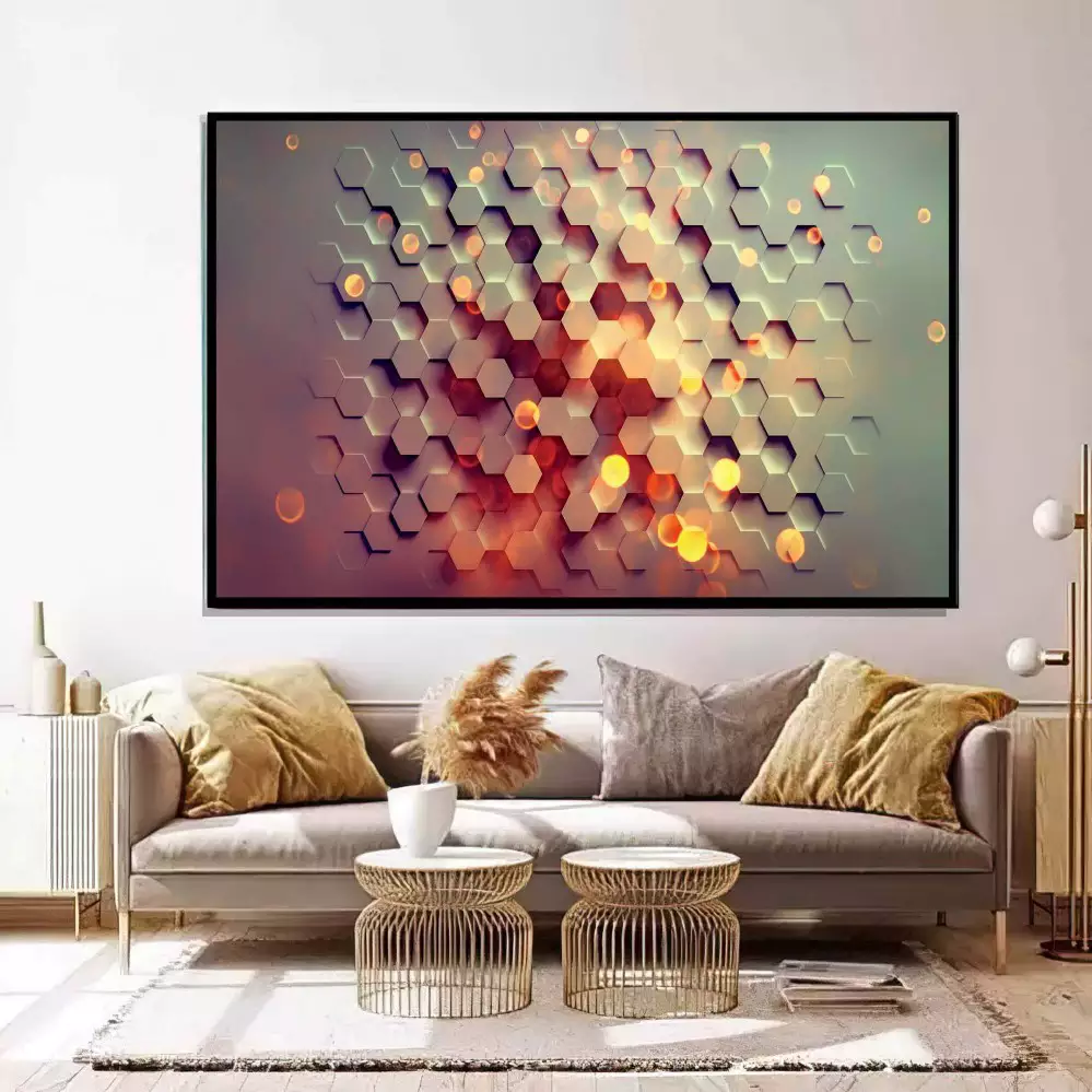 Quadro Decorativo 1 Tela: Geometria Luminosa - Hexágonos Coloridos em Fundo Roxo Profundo