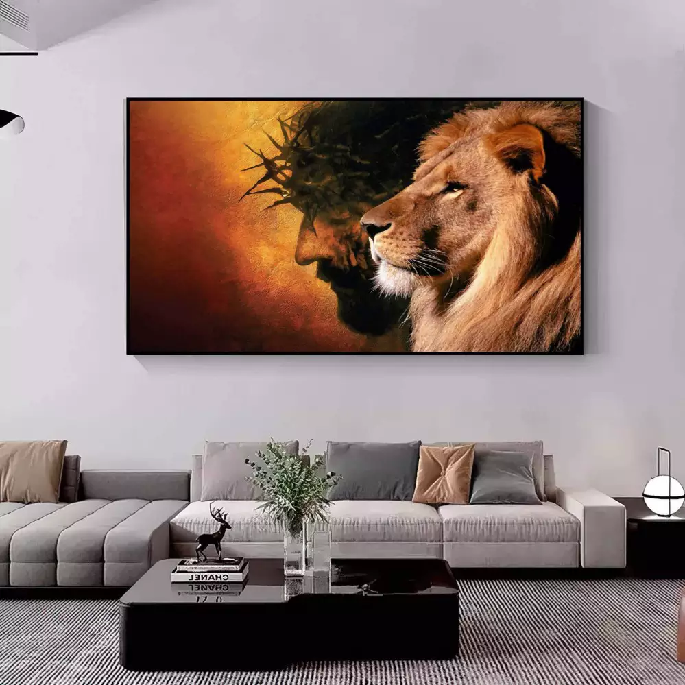 Quadro Decorativo 1 Tela: Leão Majestoso com Coroa de Espinhos - Força, Resiliência e Fé