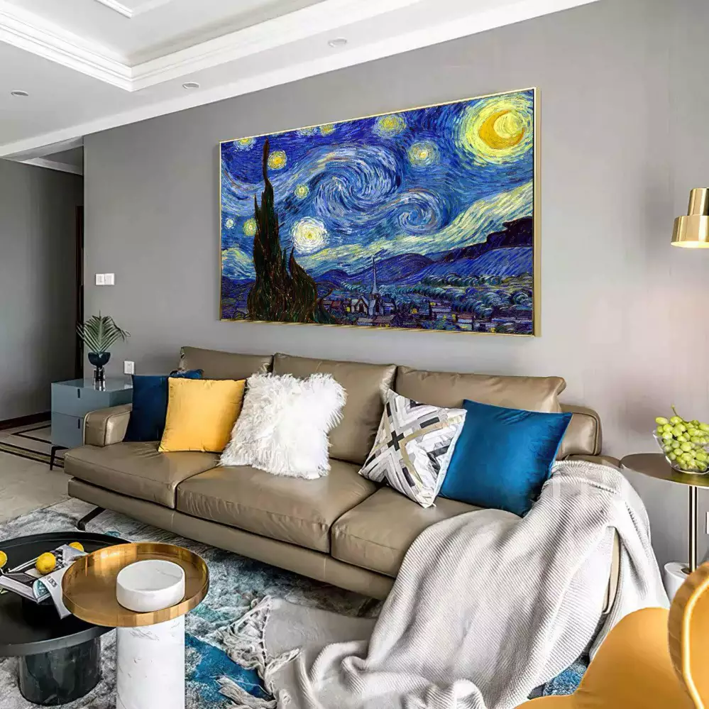 Quadro Decorativo 1 Tela: Noite Estrelada de Van Gogh - Um Sonho Pintado em Azul e Amarelo