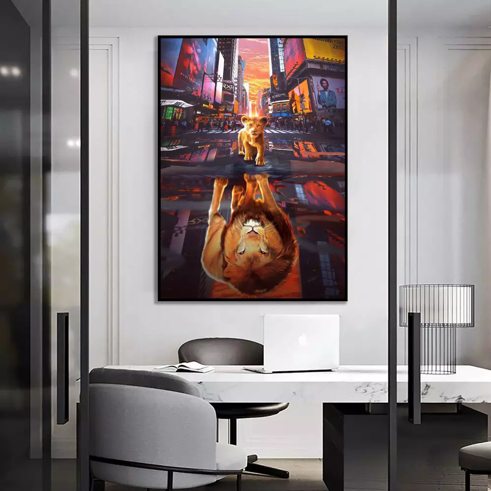 Quadro decorativo 1 tela: Leão & Filhote Reflexo - A ingenuidade e a Imponência Frente a Frente