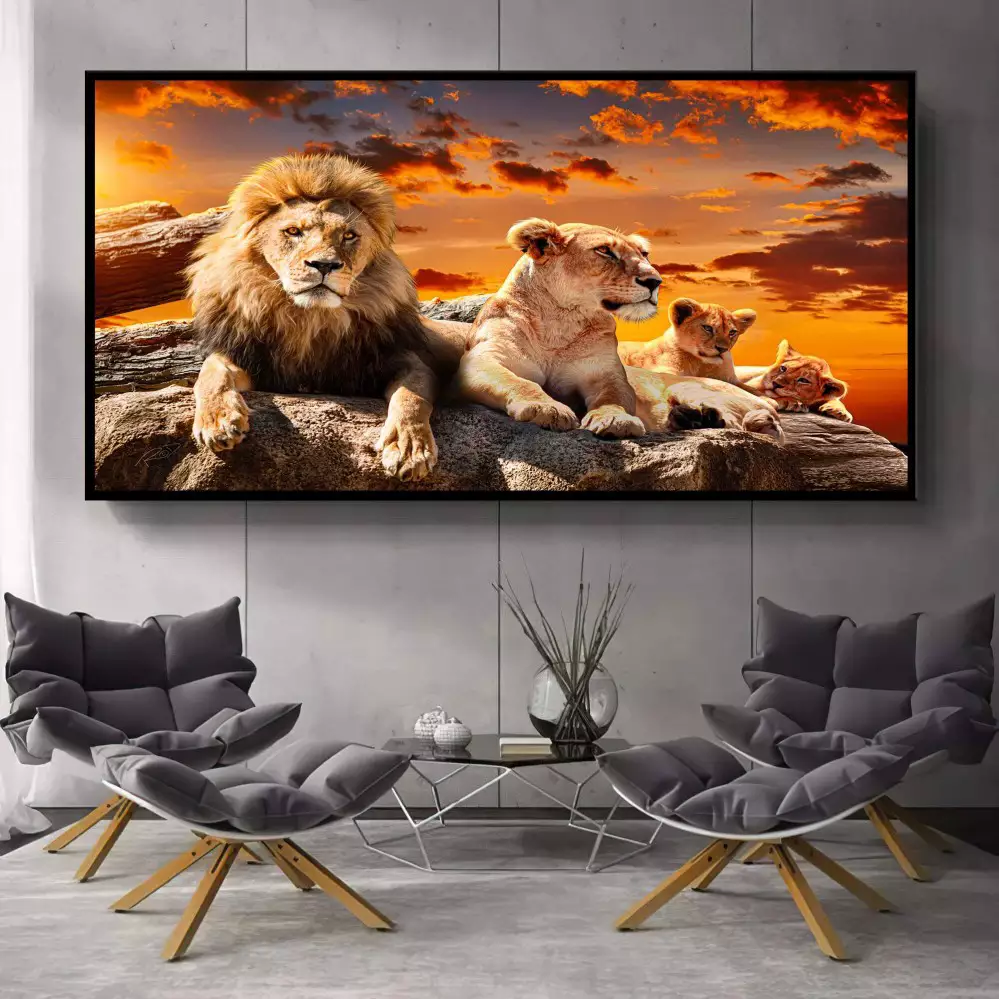 Quadro Decorativo 1 Tela: Leões ao Pôr do Sol e 2 filhotes - Majestade Selvagem