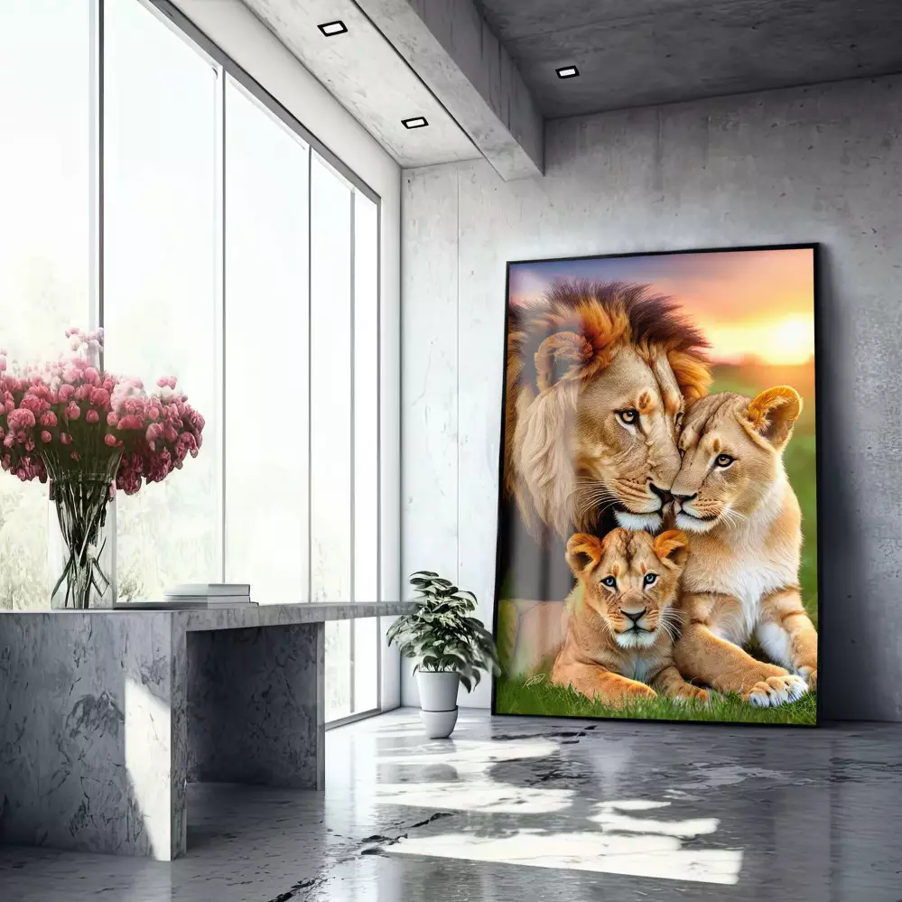 Quadro decorativo 1 tela: Família de Leões e 1 filhote - Repousando em seu Habitat Natural