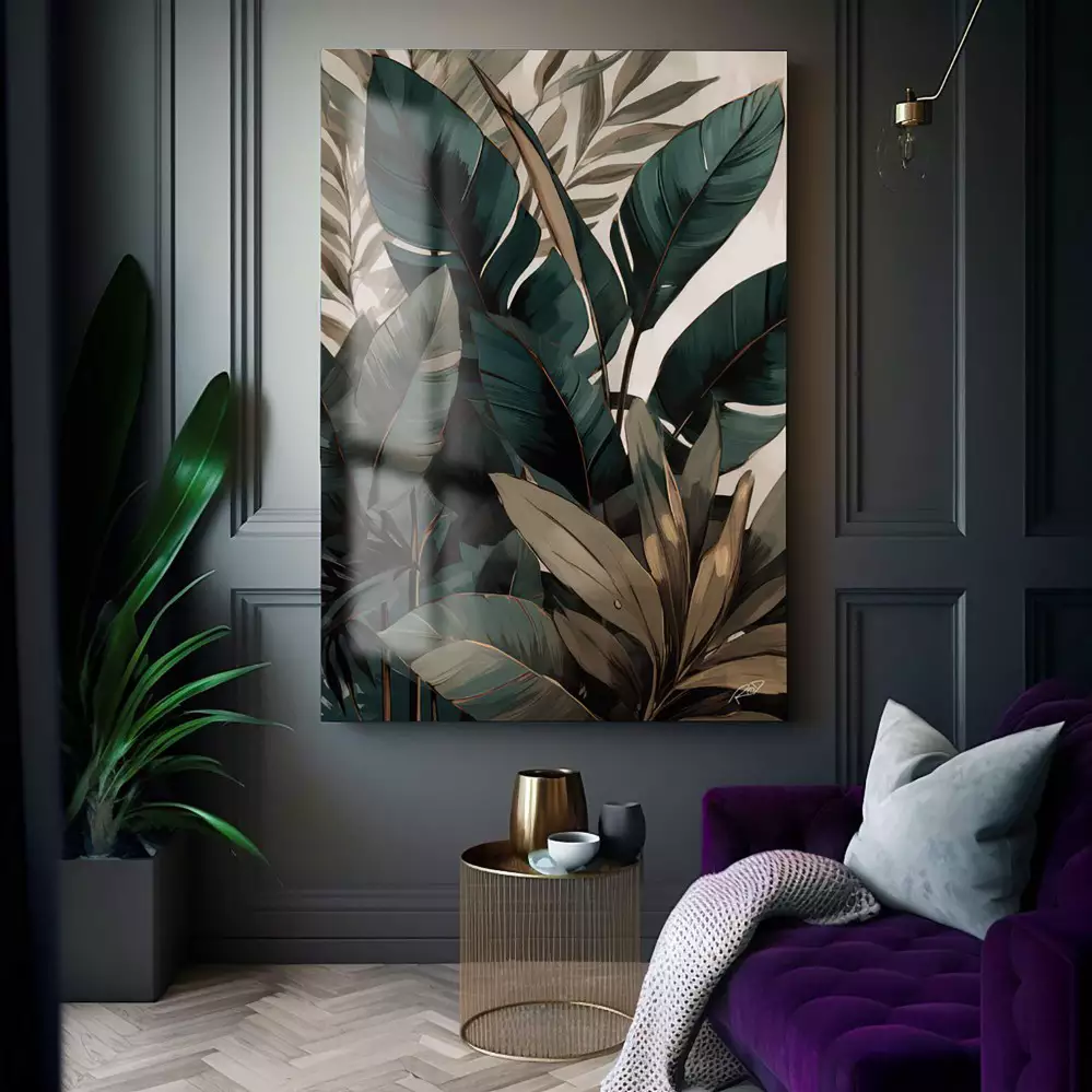 Quadro Decorativo 1 Tela: Folhas Tropicais em Verde e Branco - Exploração Artística da Natureza