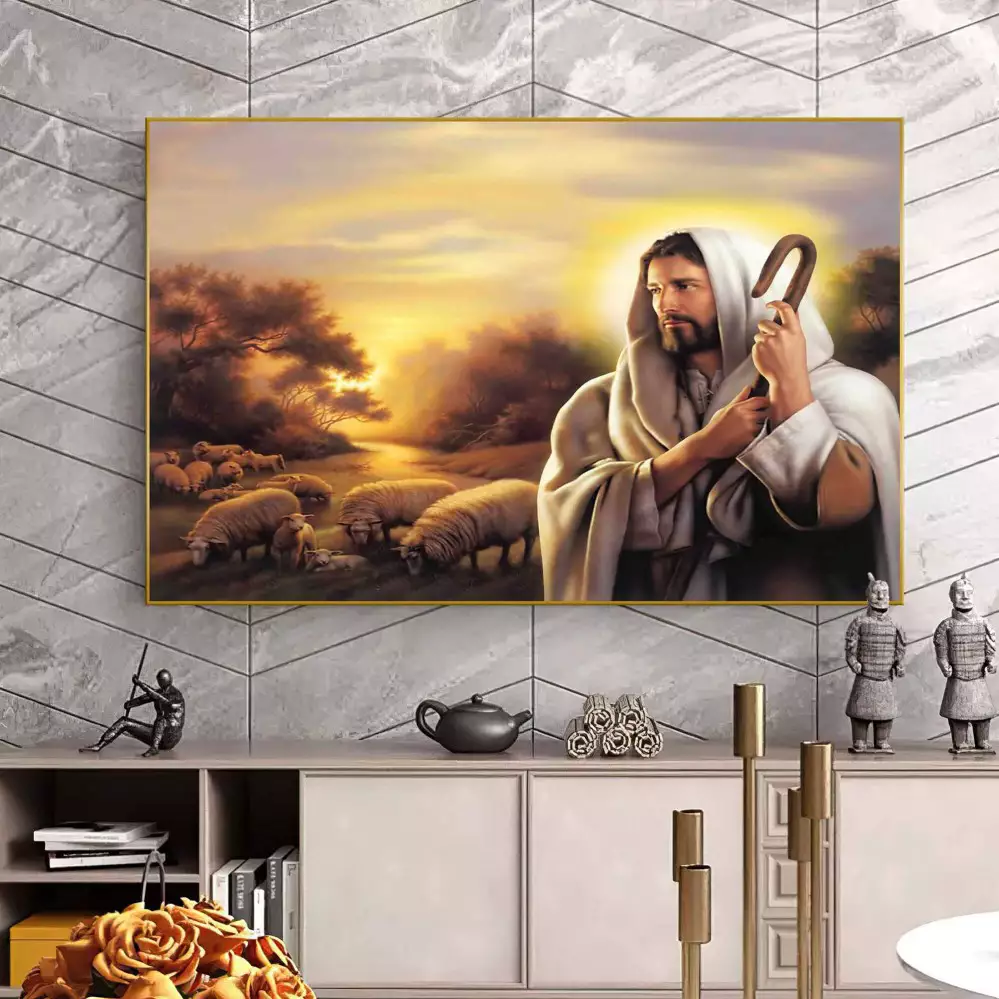 Quadro Decorativo 1 Tela: Representação Vibrante e Detalhada de Jesus, o Bom Pastor