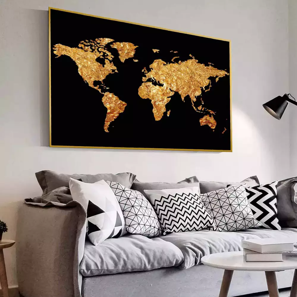 Quadro Decorativo 1 Tela: Mapa Mundi em Ouro e Preto, Elegância e Conhecimento