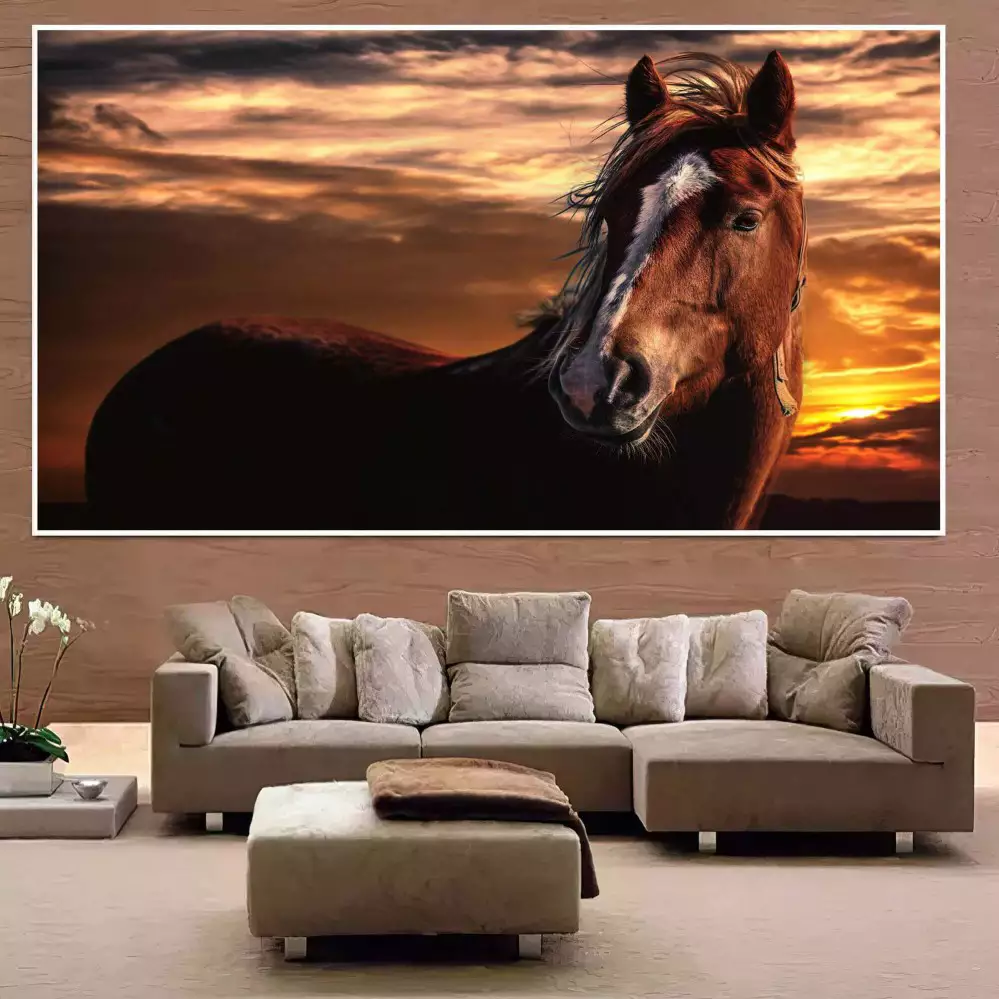 Quadro Decorativo 1 Tela: Majestoso Cavalo ao Pôr do Sol, Força e Beleza Natural para um Ambiente