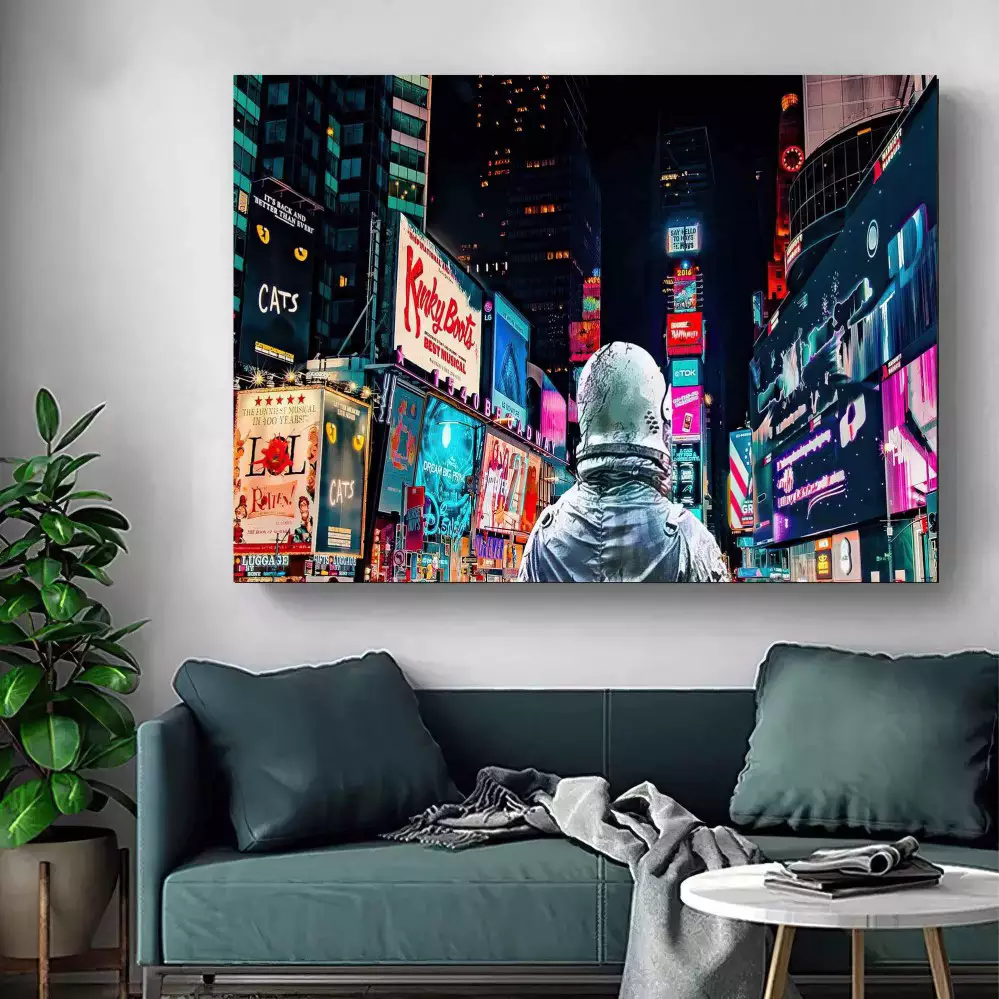 Quadro Decorativo 1 Tela: Explorador Urbano - Astronauta em Times Square com Neon