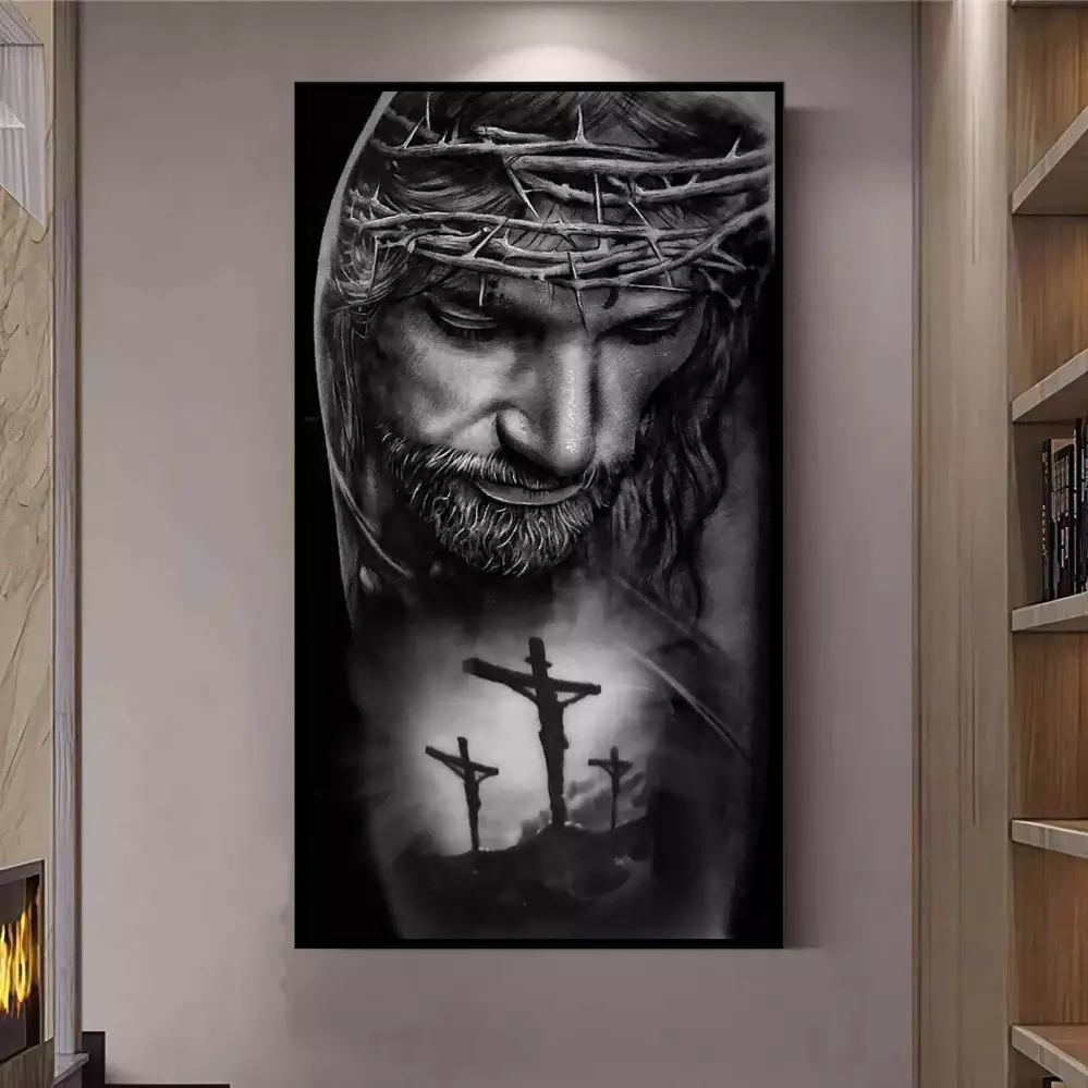 Quadro Decorativo 1 Tela: Jesus na Cruz, Simbolismo Religioso em Preto e Branco