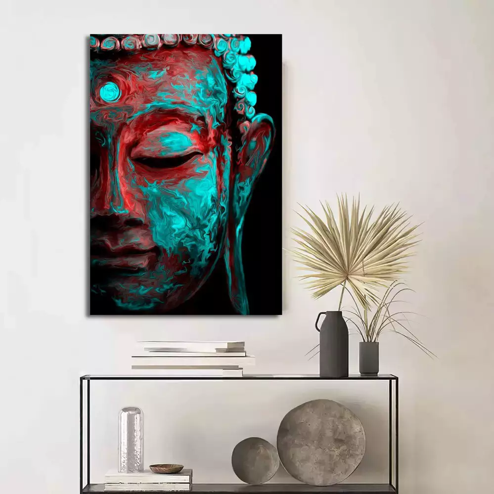 Quadro Decorativo 1 Tela: Sinfonia Espiritual - Abstração Vibrante com Cabeça de Buda e Elemento
