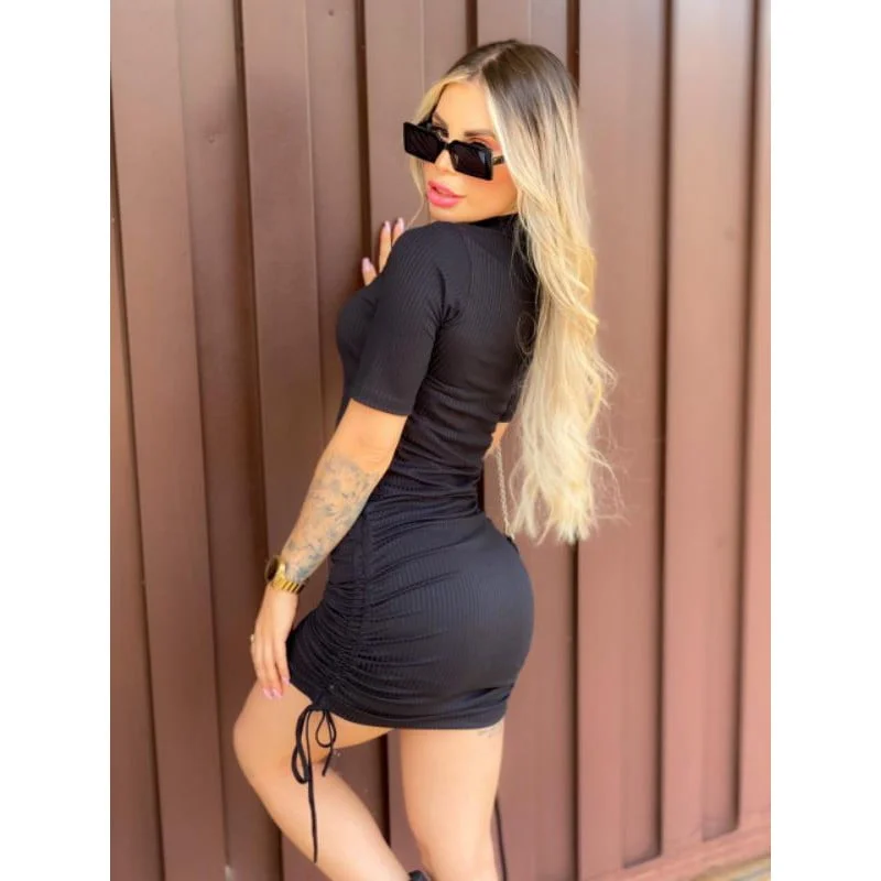 Vestido Com Manguinha Franzido Drapeado Lateral com Amarras Canelado Midi Tendência