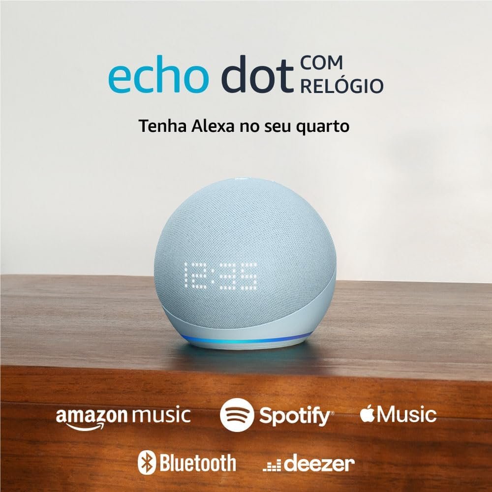 Echo Dot 5ª geração com Relógio | Smart speaker com Alexa | Display de LED ainda melhor | Cor Azul Claro